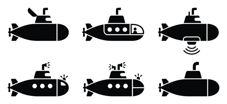 Black submarine icons with periscopes and sonar for marine navigation and exploration