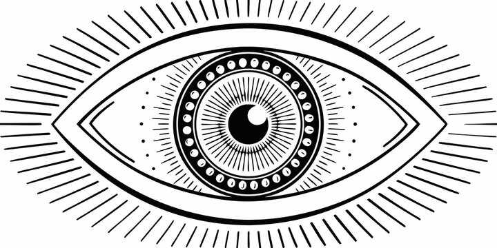 Stylized eye illustration with radiating lines black and white graphic design on a white background