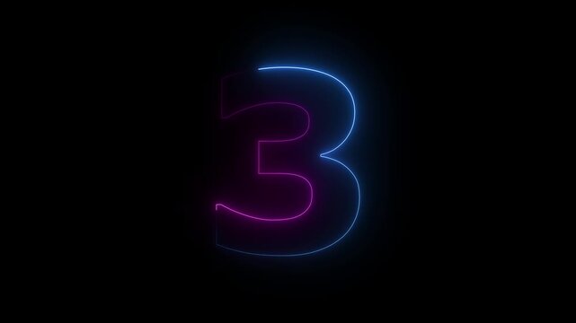 pink and blue color neon text 3 number countdown icon on black background animation. 4k video