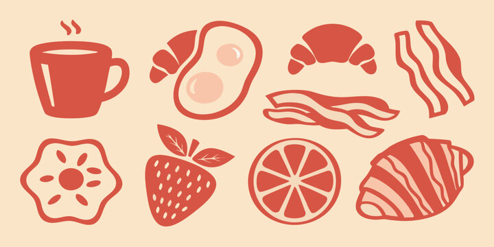 Breakfast food silhouettes including coffee eggs bacon croissant and fruit on a beige background