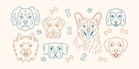 Stylized line art illustration of various dog breeds with bones and paw prints high quality © Dibyendu