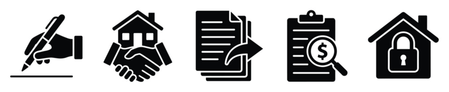 Real estate agreement and financial transaction icons depicting property buying and selling process