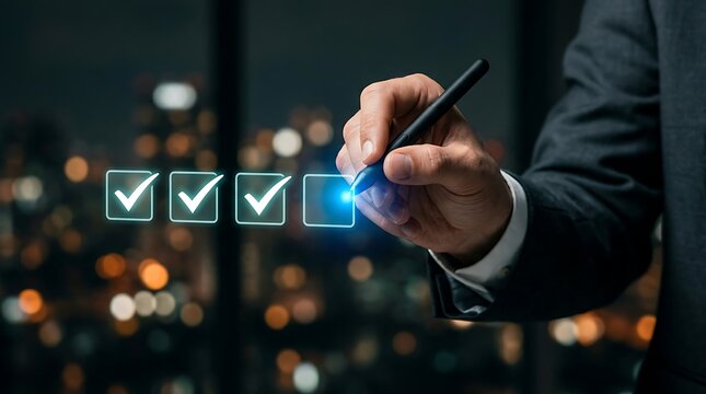 Hand holding stylus checking interface with glowing checkboxes