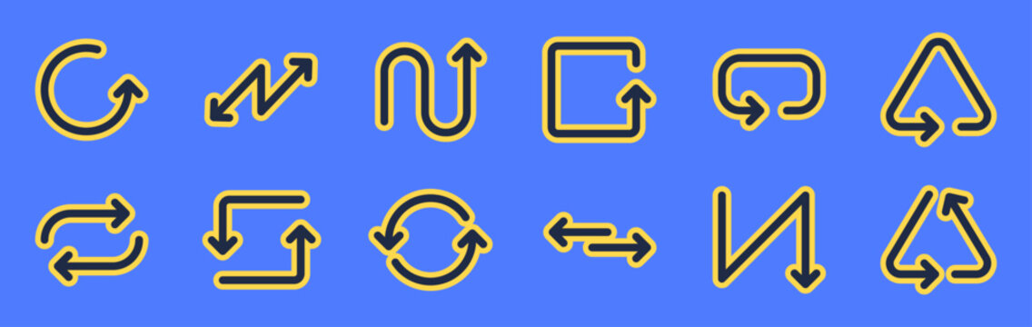 Conjunto de iconos de flechas de proceso. Direcci&oacute;n, flujo de trabajo, navegaci&oacute;n, reciclaje, conexi&oacute;n, movimiento estrat&eacute;gico. Ilustraci&oacute;n vectorial