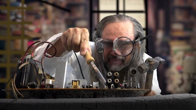 Funny eccentric technician repairs retro electronic equipment with soldering iron in messy workshop using magnifier and tools under cinematic indoor lighting