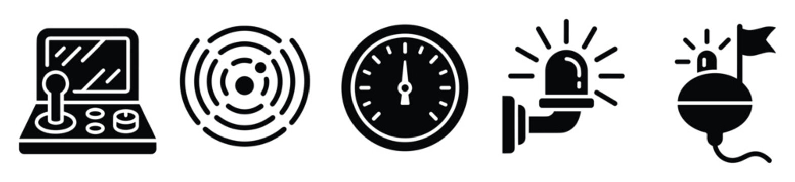 Technical interface icons arcade, radar, gauge, siren, navigation buoy.