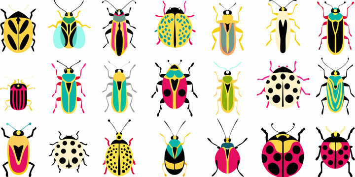 collection of colorful stylized insect illustrations on white background