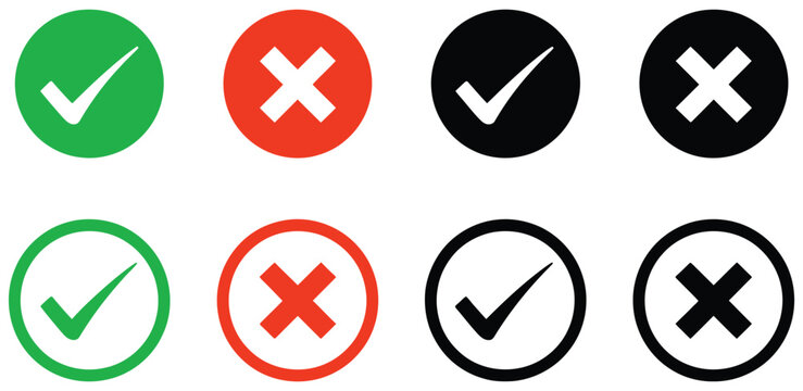 Green red black check mark and cross icons featuring tick and X symbols in solid and outline circles for checklist verification, compliance, audits, and quality assurance decisions.