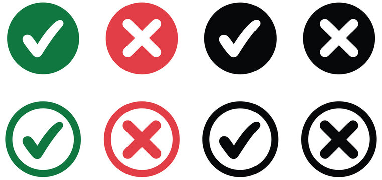 Check mark and cross icons set in green red black colors with tick and X symbols inside solid and outline circles for verification, auditing, and decision checklist design.