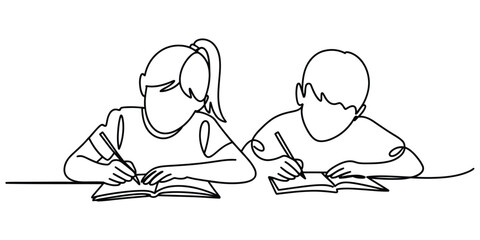 Boy and girl students writing in notebooks line art © Alzin