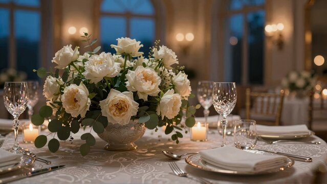 Elegant Wedding Table Setting with White Roses and Candles