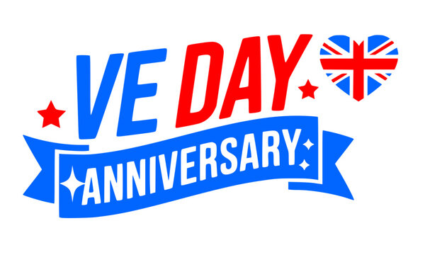 VE Day Anniversary Badge with Union Jack Heart, Blue Ribbon Banner and Stars for Victory in Europe Day, WWII 80th Commemoration, British Patriotic Poster and Celebration Design