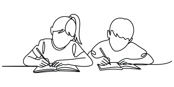 Boy and girl students writing in notebooks line art