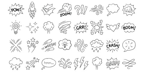 Hand drawn comic sound effect and action doodle set. Isolated vector illustration of black ink speech bubbles, explosions, and exclamation symbols like POW, ZOOM, BOOM, and CRASH for manga design. © MdNurul