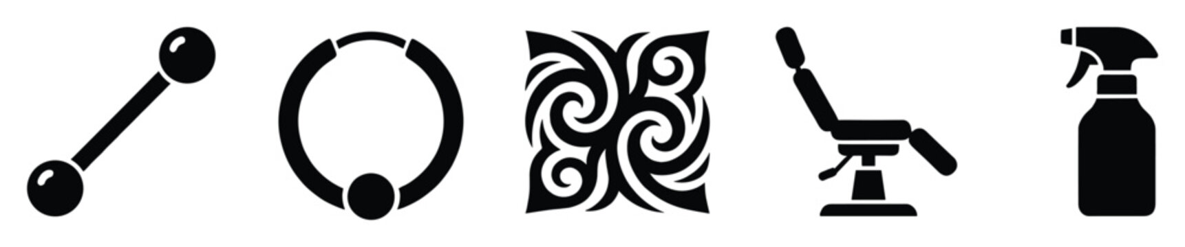 Essential body piercing and tattoo studio equipment icons including jewelry, tribal design, and tools for business branding