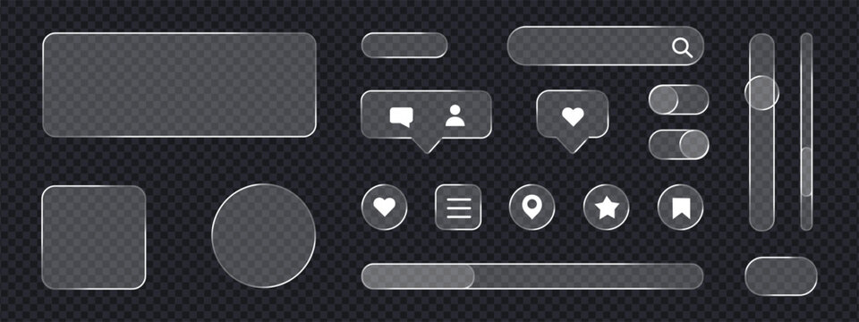 Glassmorphism UI element and transparent button set. Isolated vector illustration of frosted glass cards, search bars, toggle switches, and social media icons for modern web and app design.