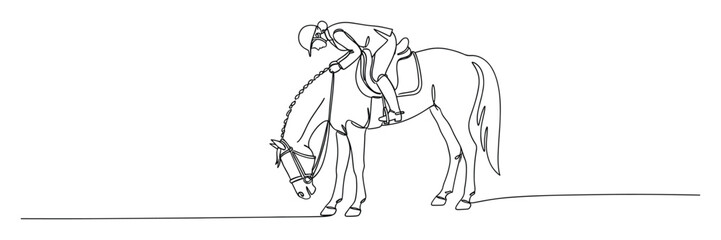 Continuous line drawing of an equestrian and horse with lowered head, ideal for sports marketing materials and animal themed graphics.