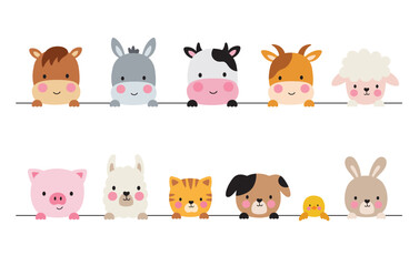 Fototapeta premium Cute farm animals peeking out vector illustration set featuring eleven animal characters. Includes cow, horse, donkey, goat, sheep, pig, llama, alpaca, cat, dog, chicken, and rabbit.