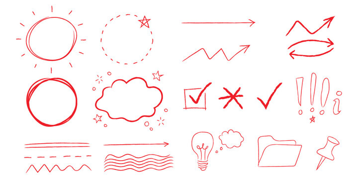Hand drawn red doodle element and sketch icon set. Isolated vector illustration of red ink arrows, circles, speech bubbles, check marks, and light bulb symbols for creative business design.