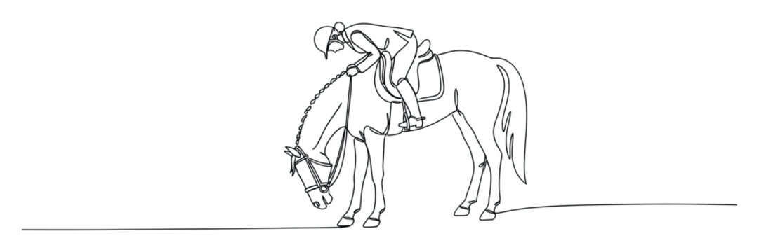 Continuous line drawing of an equestrian and horse with lowered head, ideal for sports marketing materials and animal themed graphics.