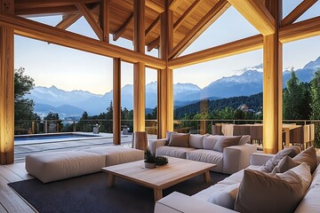 Fototapeta premium Luxury Wooden Terrace Interior with Mountain View