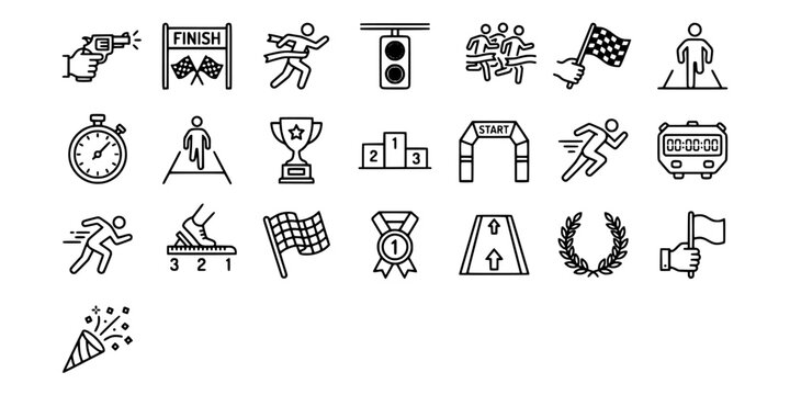 icon sheet collection of race event elements, starting pistols, finish lines, checkered flags, and timing devices for track and field competitions.