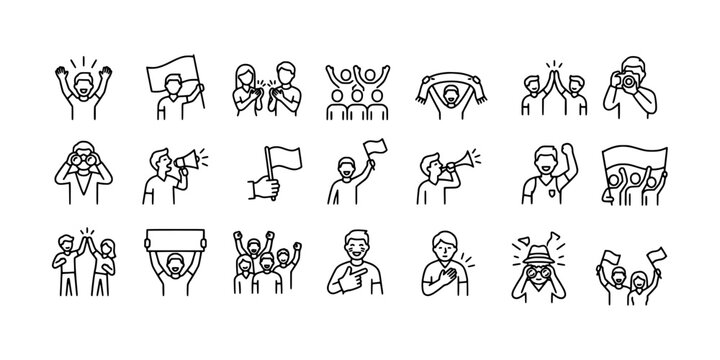 icon sheet collection of sports fans, spectators, and supporters cheering with flags, megaphones, and binoculars to celebrate victory in a stadium.
