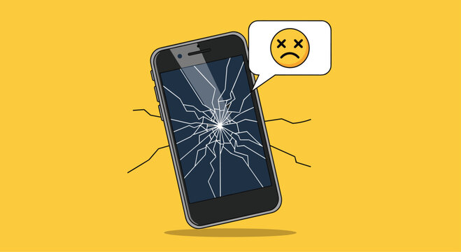 Broken smartphone or mobile device repair concept showing a device with a shattered screen and sad emoji.
