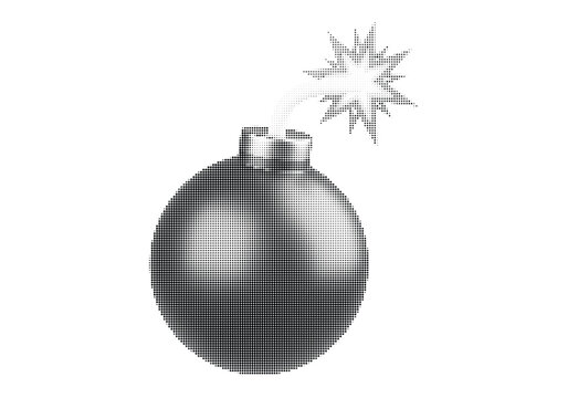 Explosive bomb icon designed with a striking halftone dot effect representing danger and impact isolated on white background with subtle shadow.
