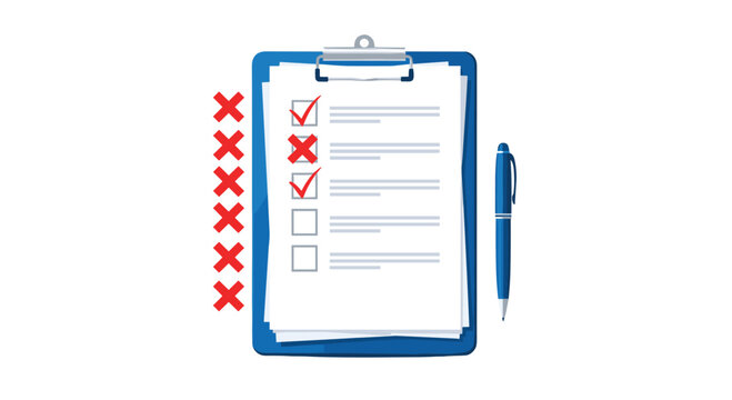 Survey or test evaluation shown on a clipboard with multiple checkmarks and red crosses indicating a graded checklist.