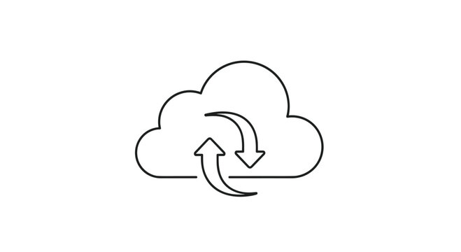 Cloud synchronization and backup icon features a thin line cloud outline with two circular arrows in the center.