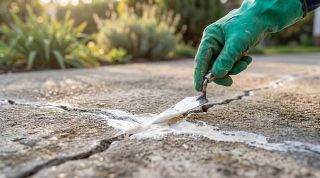 Close-up of a hand applying sealant to repair cracks in a concrete driveway. Essential for home improvement and maintenance