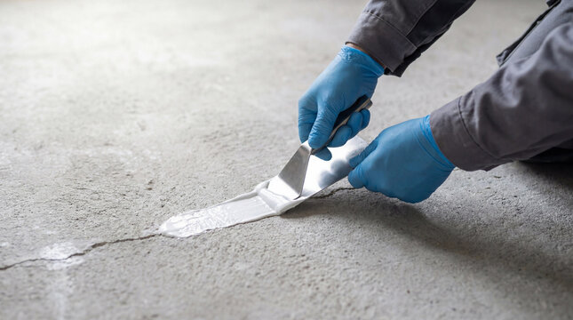 Close-up of a worker in blue gloves applying white sealant with a metal spatula to repair a crack in a concrete floor