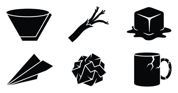 Graphic icons of various objects in different states for diverse design uses.