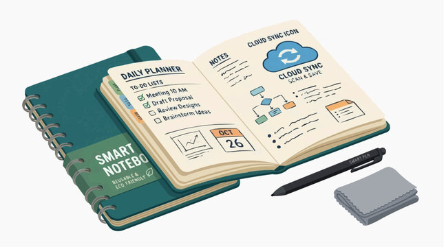 Smart Notebook: A sleek smart notebook is open with the 'Daily Planner' page showcasing organized to-do lists, while a 'Cloud Sync' icon implies digital integration, complete with a pen and eraser.