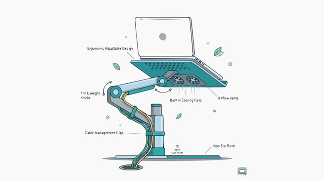 Laptop stand vector on white: laptop stand vector illustration with tilt, adjust, lightweight, built-in cooling fan, swivel joint