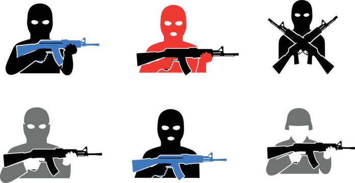 Armed criminal silhouette vector illustration set, masked gunman icons with rifles in different poses for security, crime, and danger concepts