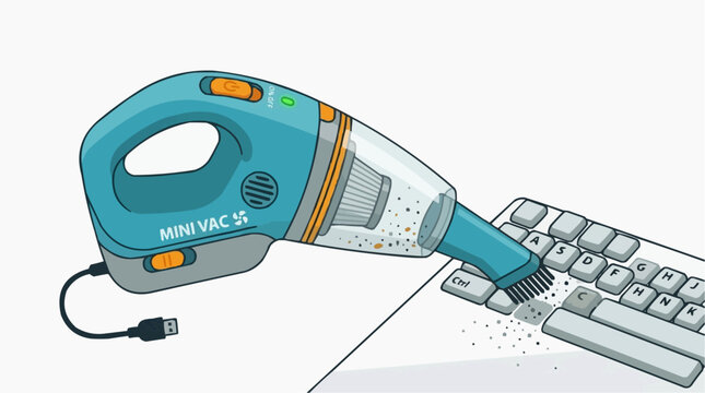 Desktop Cleaning: A mini vacuum cleaner effectively sucks up dust and debris from a computer keyboard and desk, showcasing a clean and tidy workspace.