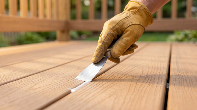 Hand in work glove applies white caulk sealant to gaps between composite deck boards with a putty knife. Outdoor deck maintenance