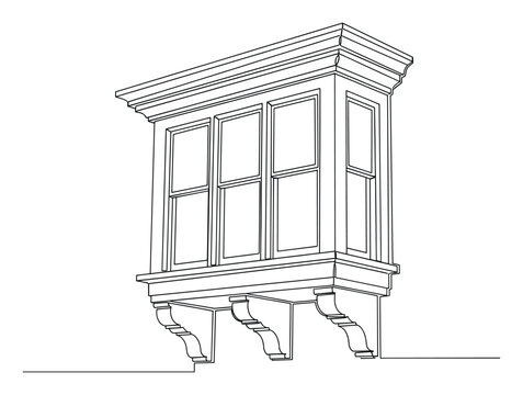Line drawing of a traditional bay window with ornate corbels for architectural plans and building development