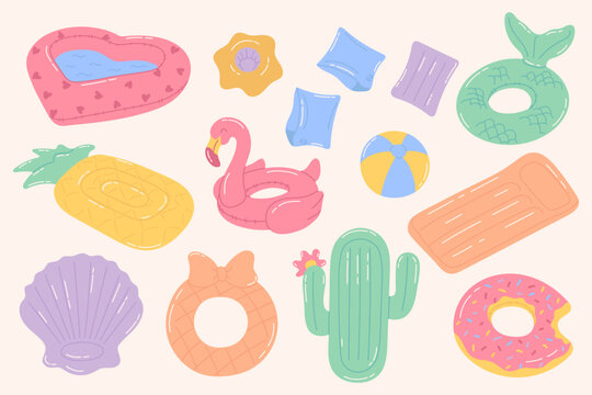 Hand drawn flat inflatable summer pool floats set in soft pastel colors. Collection includes flamingo, pineapple, cactus, donut, heart ring, air mattress, drink holder and beach ball. Trendy cute illu