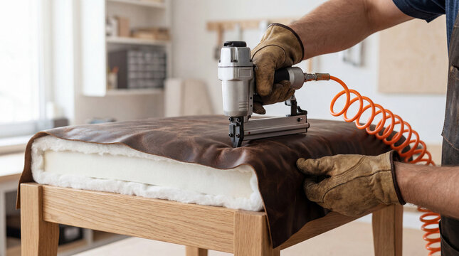 Worker using a nail gun to upholster brown leather on furniture in a workshop