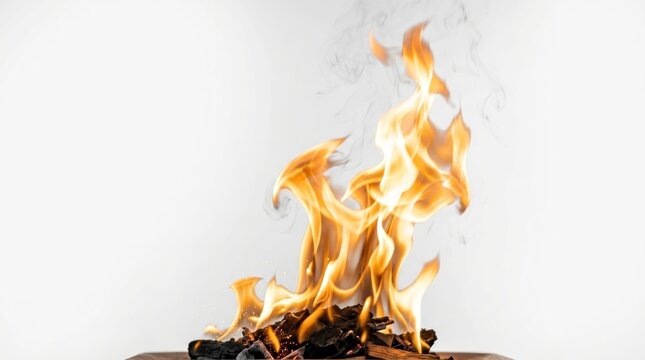 A close-up view of flames burning fiercely on some charred wood in a studio.