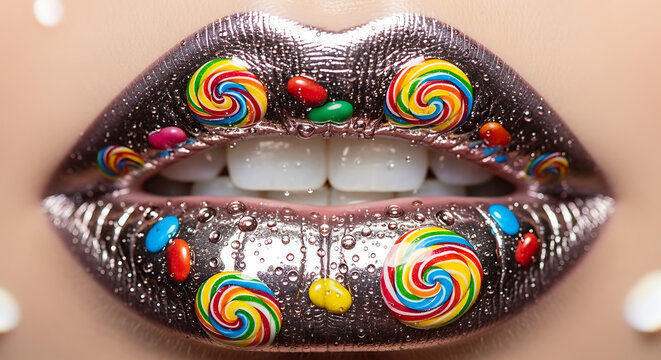 Woman's lips adorned with colorful candy and glitter makeup closeup
