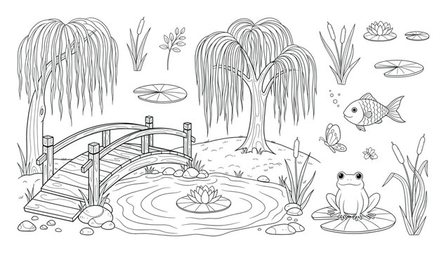 Pond habitat coloring page with bridge weeping willows frog fish and water lilies