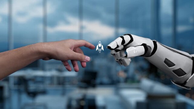 A robot hand interacts with a human hand to symbolize the integration of technology and innovation, highlighting the collaboration needed for future growth and success. Auvana