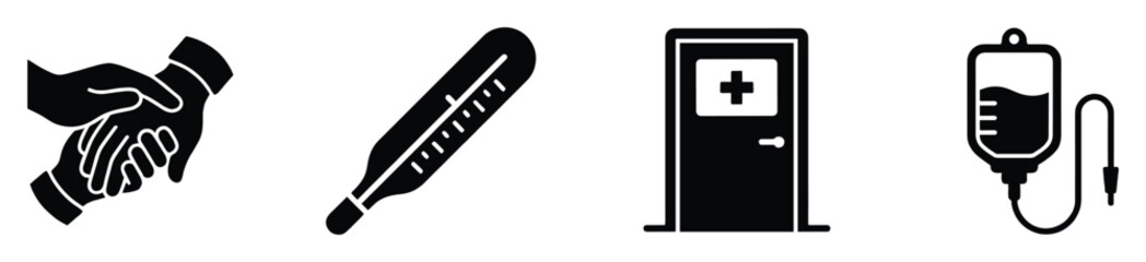 Fototapeta premium Healthcare and medical support icons featuring handshake, thermometer, hospital entrance, and IV fluid