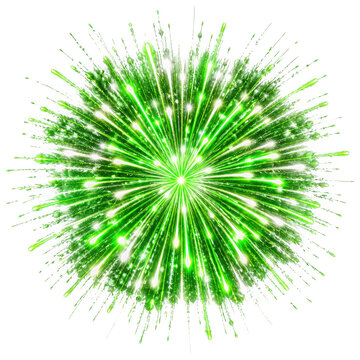 Bright green firework starburst explosion as isolated on transparent background
