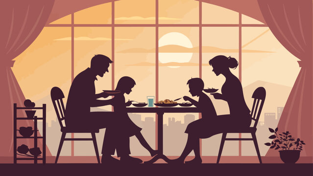 Silhouette of family having dinner together at sunset