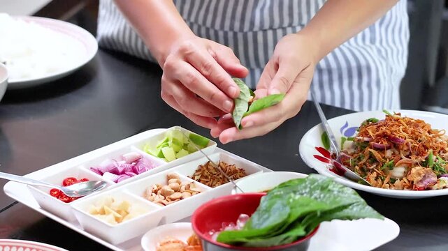 Woman hands wrapping Miang Kham traditional Thai snack leaf wrap with various ingredients for healthy meal in kitchen.